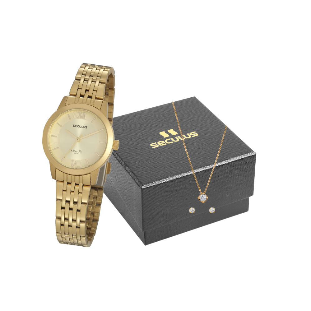 Kit Relógio Aço com Semi Joias Dourado