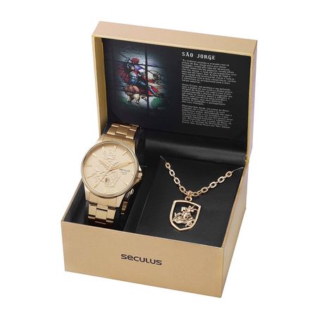 Kit Relógio Aço Dourado e Colar São Jorge - Seculus
